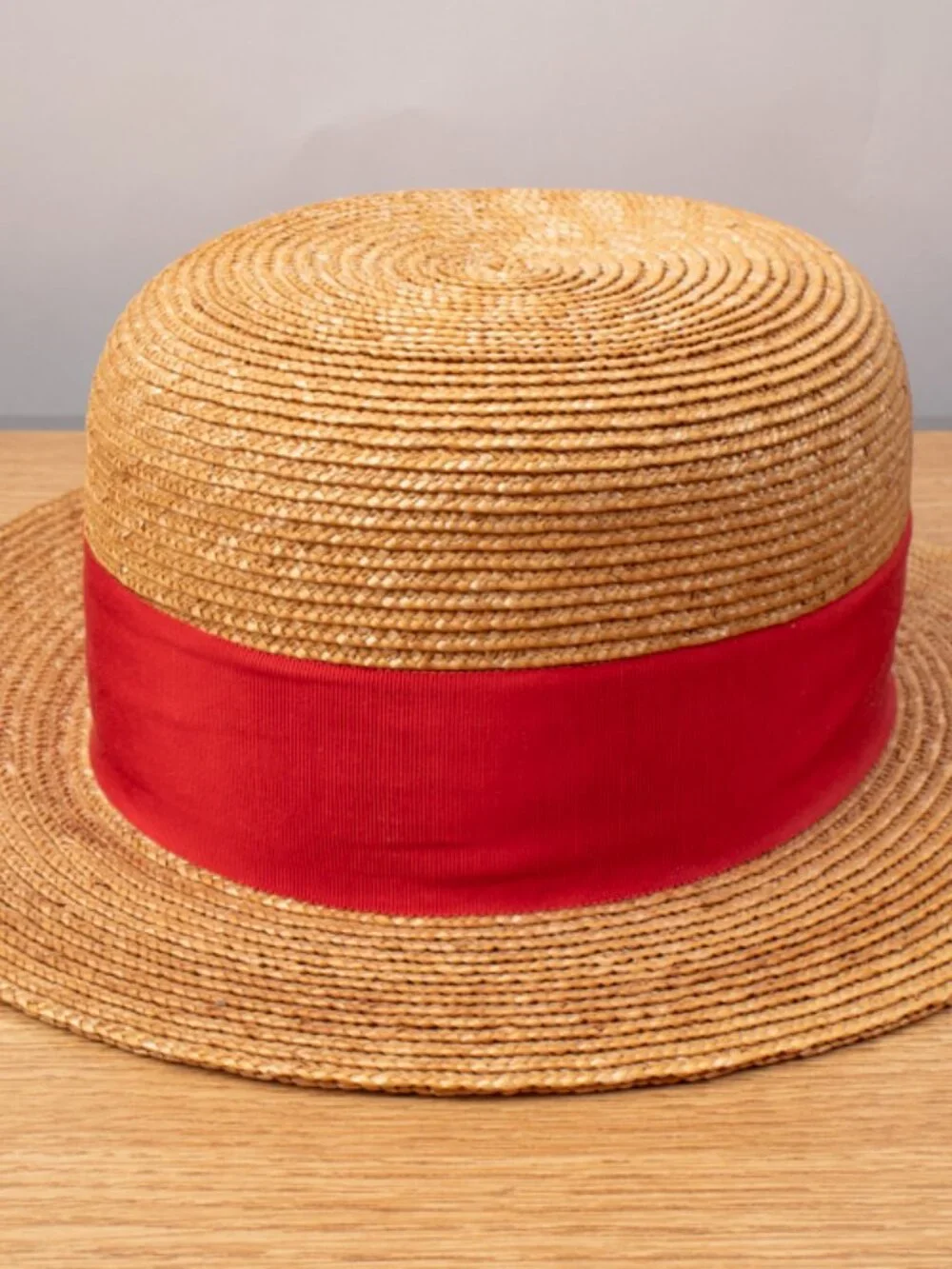 Patricia Underwood Straw Hat With Red Stripe and Gold Button Detail See Details